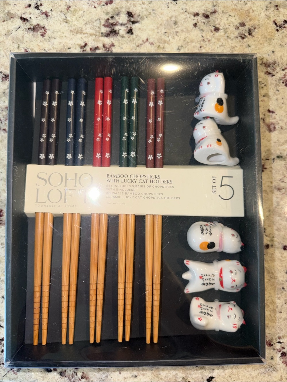 Bamboo Chopsticks Set with Lucky Cat Holders - Assorted Colors
